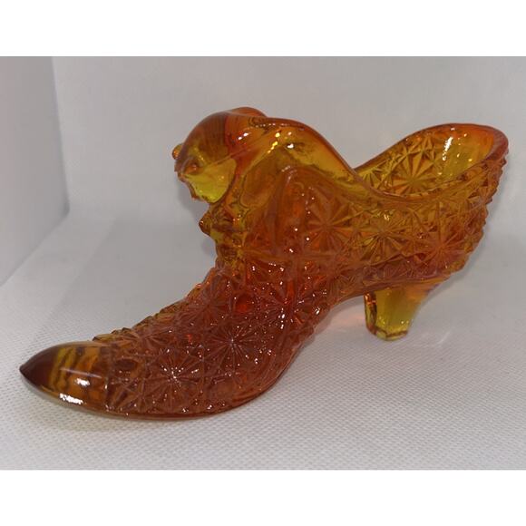 Fenton Daisy and Button Amberina Glass Slipper Shoe W/ Cat Glows Vintage - Picture 1 of 14